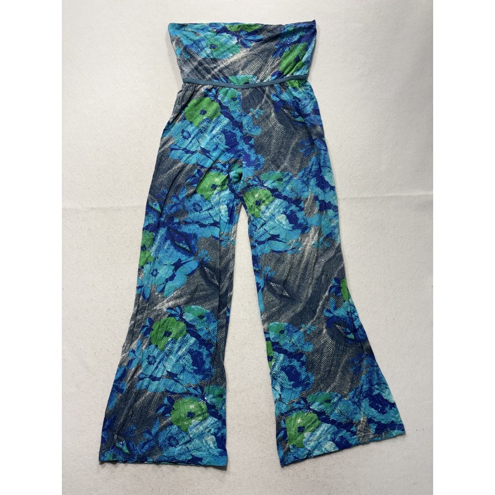 LBISSE Pants Womens Small Blue Floral Jersey Wide Leg Pull On Stretch Lounge